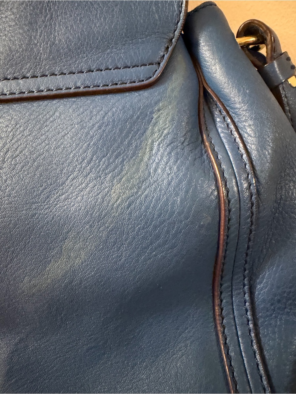 MCM Blue Leather Top-Handle Satchel Bag with Gold Hardware - Picture 5 of 15